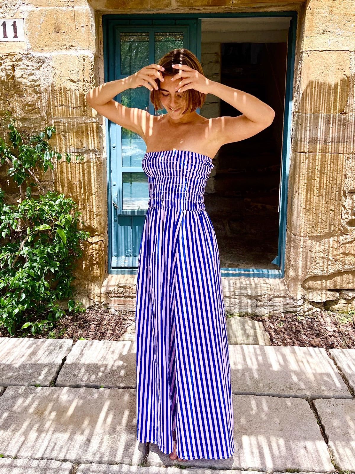 Vestido Emily Rayas Azul y Rosa