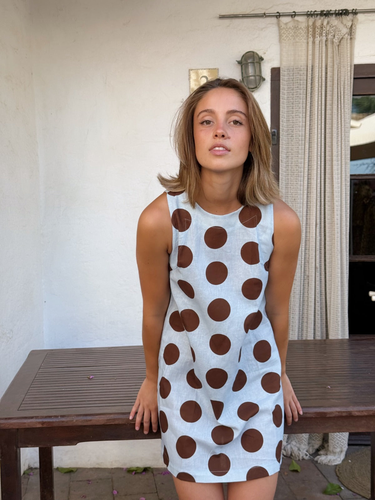 Vestido Macarena Lino Topos Celeste y Marrón