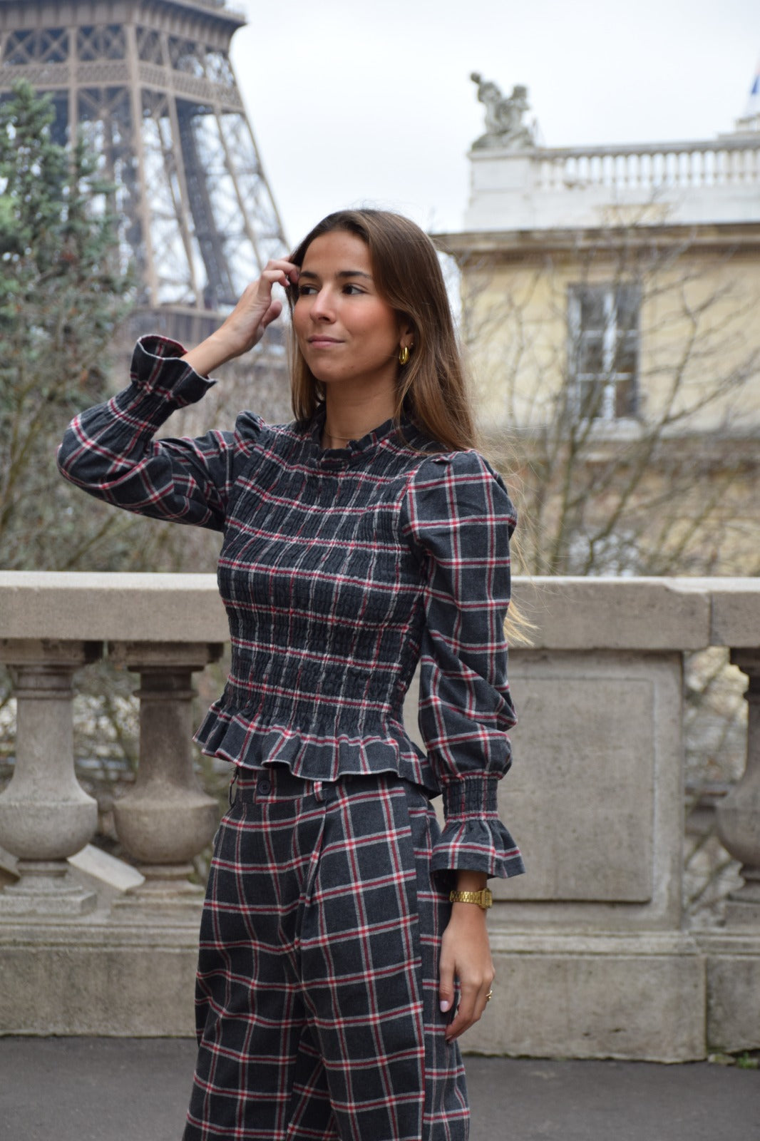 Blusa Chía Alia Cuadros Gris y Rojo