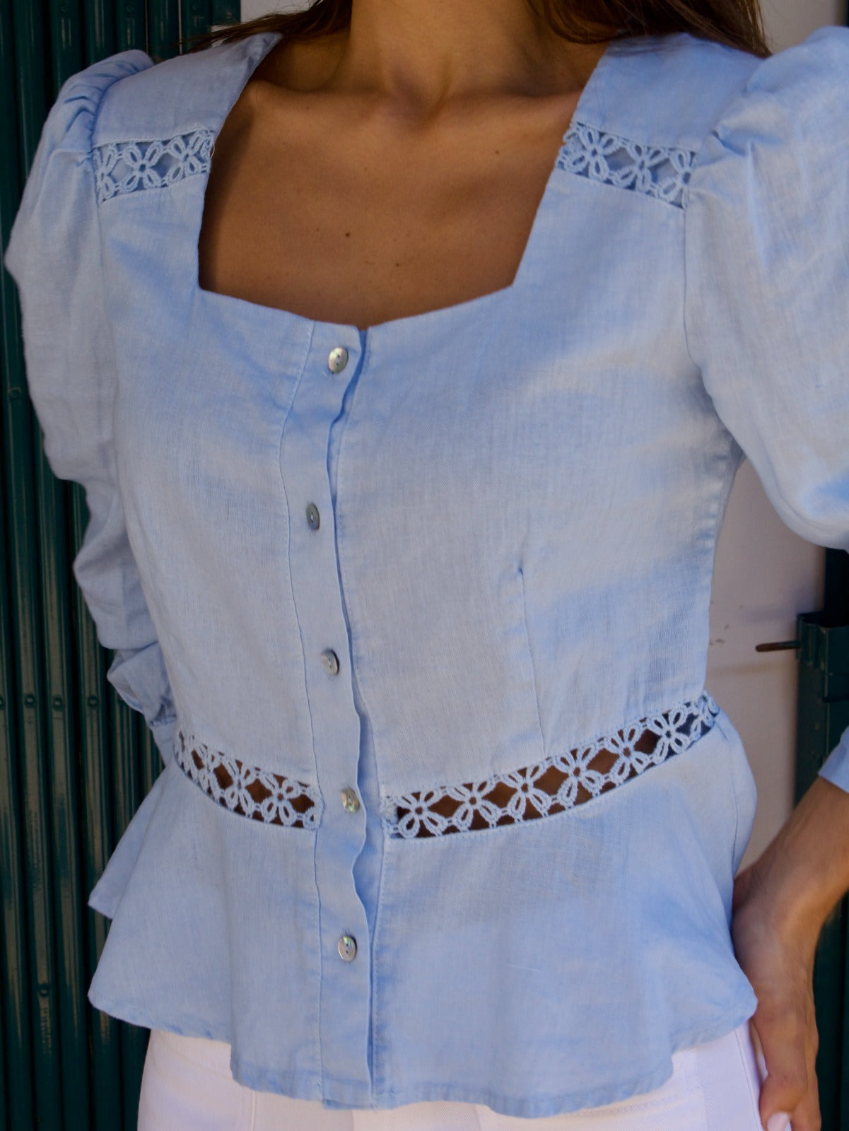 Blusa Roma Celeste Lino