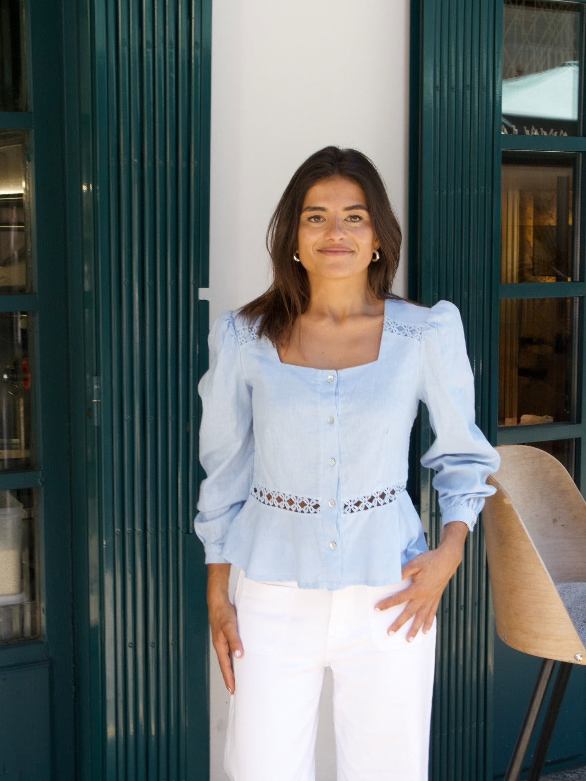 Blusa Roma Celeste Lino