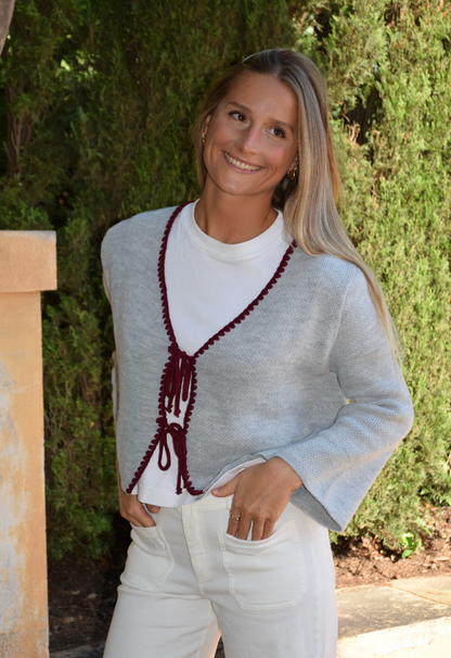 Gray and Burgundy Knit Cardigan