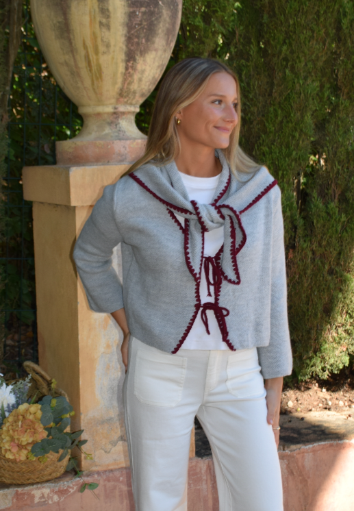Gray and Burgundy Knit Cardigan