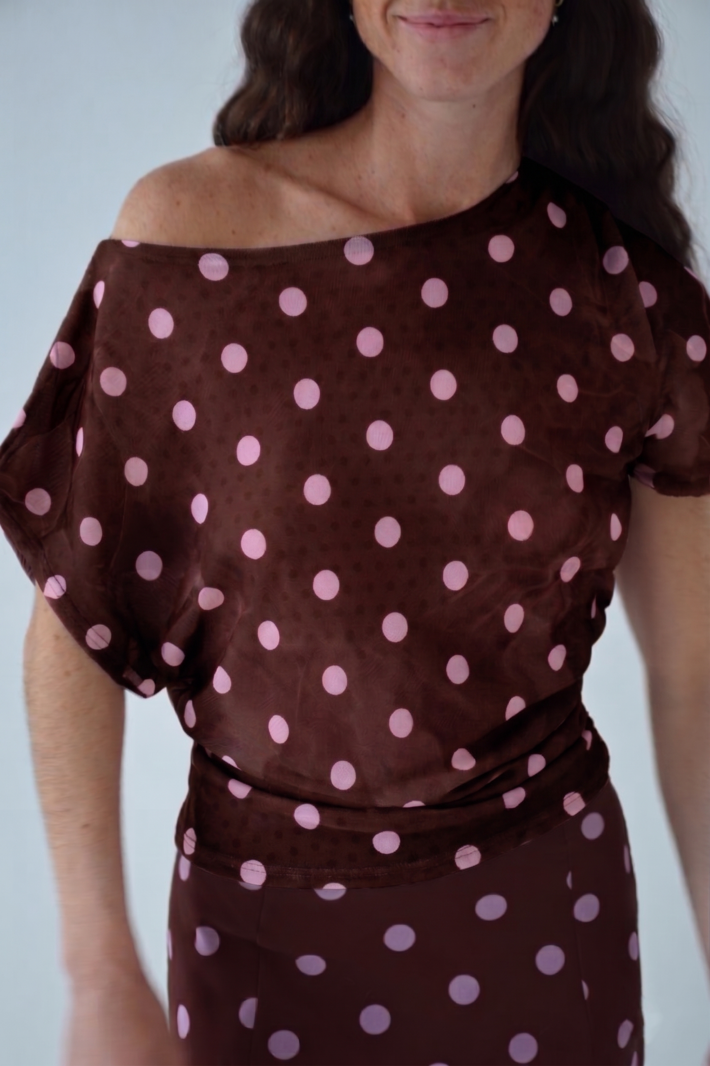 Jimena Brown and Pink Polka Dot Top