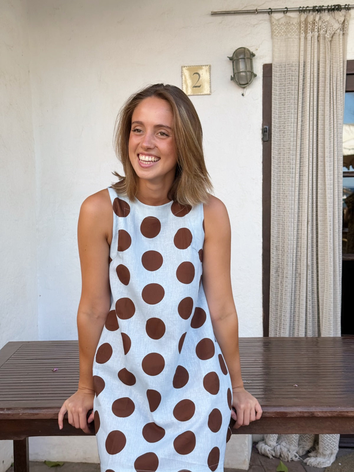 Vestido Macarena Lino Topos Celeste y Marrón