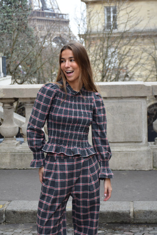 Blusa Chía Alia Cuadros Gris y Rojo