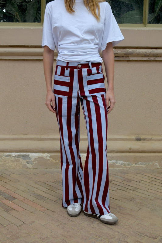 Jeans Valeria Rayas Burgundy y Celeste