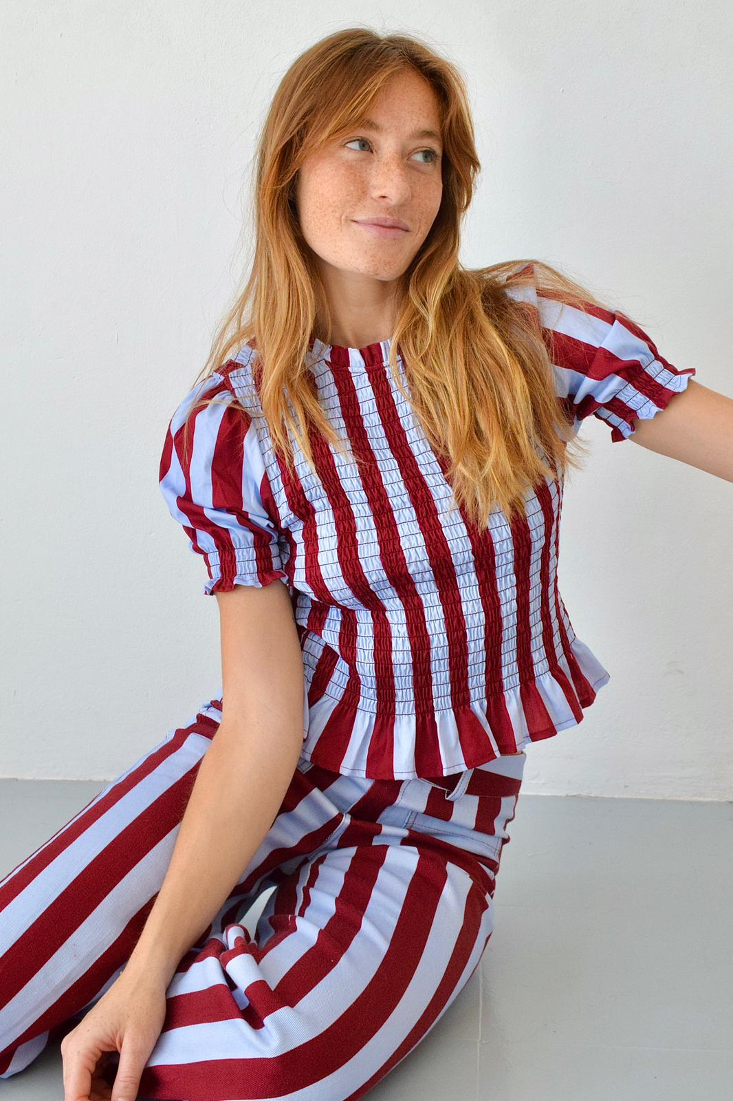 Chía Striped Burgundy and Sky Blue Short Sleeve Blouse