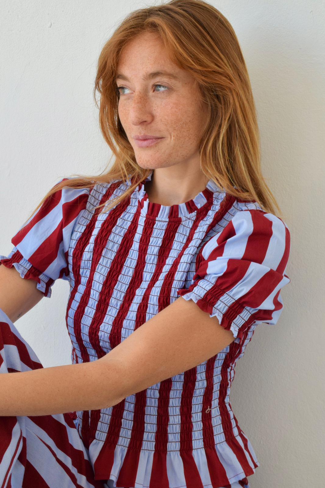 Chía Striped Burgundy and Sky Blue Short Sleeve Blouse
