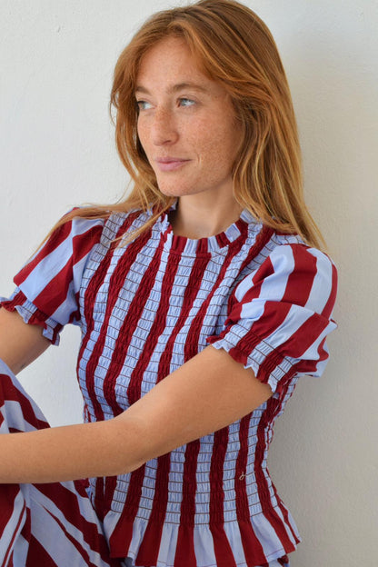 Chía Striped Burgundy and Sky Blue Short Sleeve Blouse
