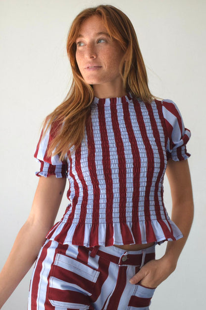 Chía Striped Burgundy and Sky Blue Short Sleeve Blouse