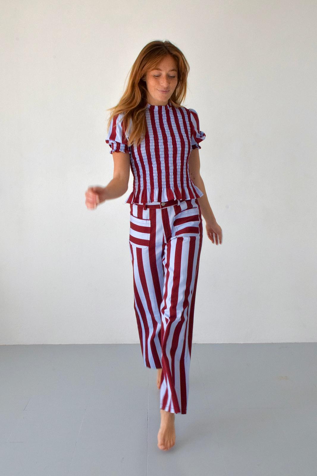 Chía Striped Burgundy and Sky Blue Short Sleeve Blouse