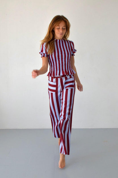 Chía Striped Burgundy and Sky Blue Short Sleeve Blouse
