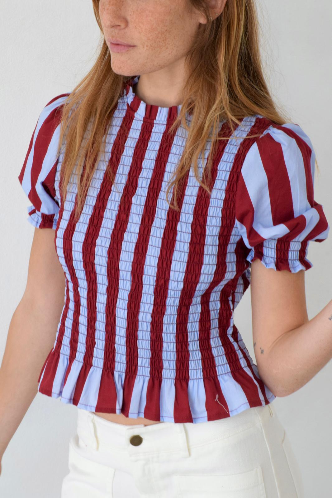 Chía Striped Burgundy and Sky Blue Short Sleeve Blouse