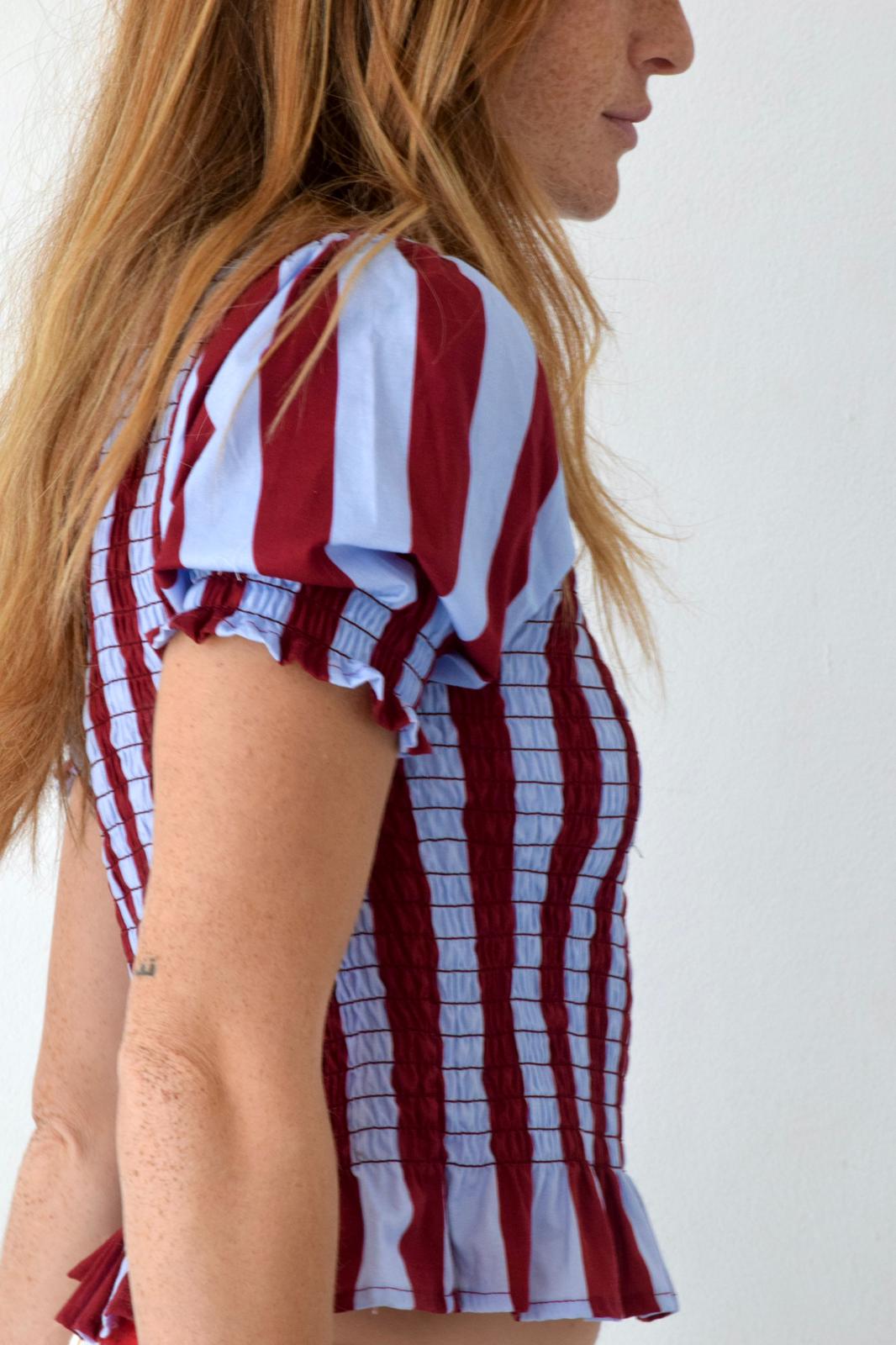 Chía Striped Burgundy and Sky Blue Short Sleeve Blouse