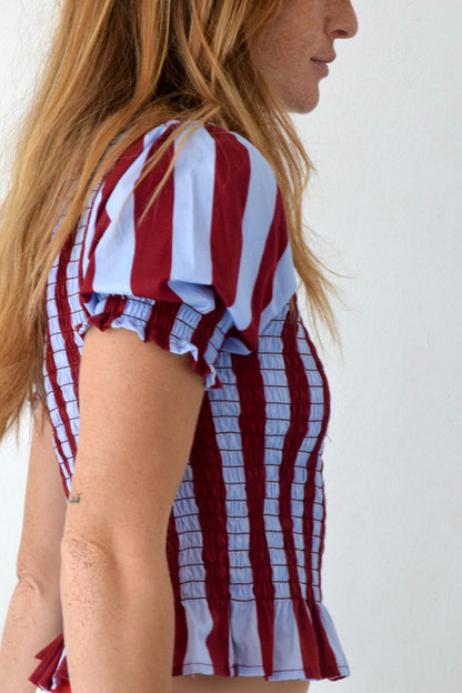 Chía Striped Burgundy and Sky Blue Short Sleeve Blouse