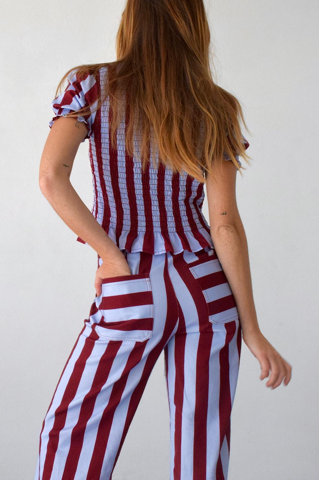 Chía Striped Burgundy and Sky Blue Short Sleeve Blouse