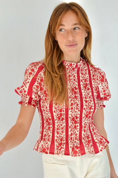 Chía Flowers Red Short Sleeve Blouse