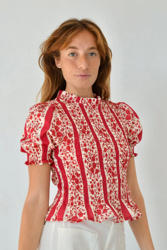 Blusa Chía Flores Roja Manga Corta