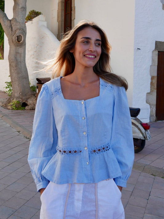 Blusa Roma Celeste Lino