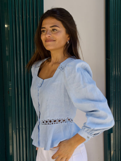 Blusa Roma Celeste Lino